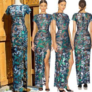 🆕BRONX & BANCO🧿NWOT Zinnia Side-Split Sequin Embroidered Gown, Navy, Sz XS US2